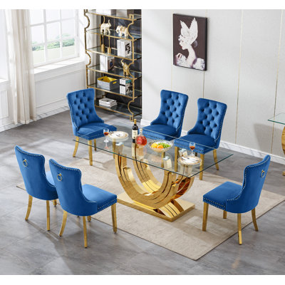 Modern Glass Dining Table Set, Clear Glass Dining Table with Stainless Steel Pedestal & Dining Chairs, 70" Rectangle Dining Room Table and Chairs Set, Luxury Kitchen Table Set
