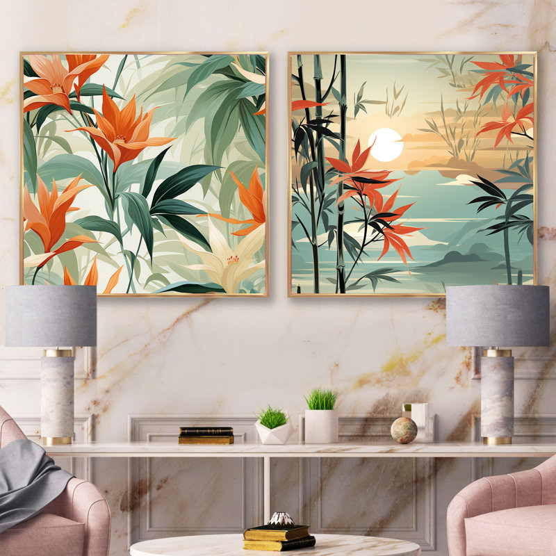 Armine - Ensemble de 2 collages carrés tropicaux, Cadre flottant doré, H 30 po x l 61 po