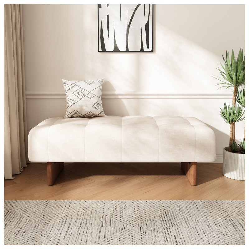  Repose-pieds rectangulaire rembourré avec tissu en lin touffeté et pieds en bois massif, beige