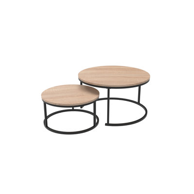 Ensemble de tables basses gigognes 2 pièces, tables basses modernes en placage de bois avec pieds en métal noir, tables de salon peu encombrantes
