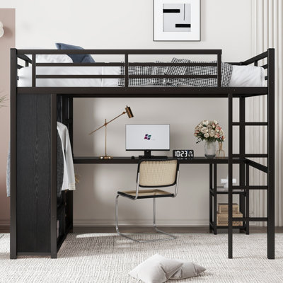 Loft Bed Frame with Built-in Wardrobe, Metal Loft Bed with Desk and Storage Shelves, Black by Harriet Bee