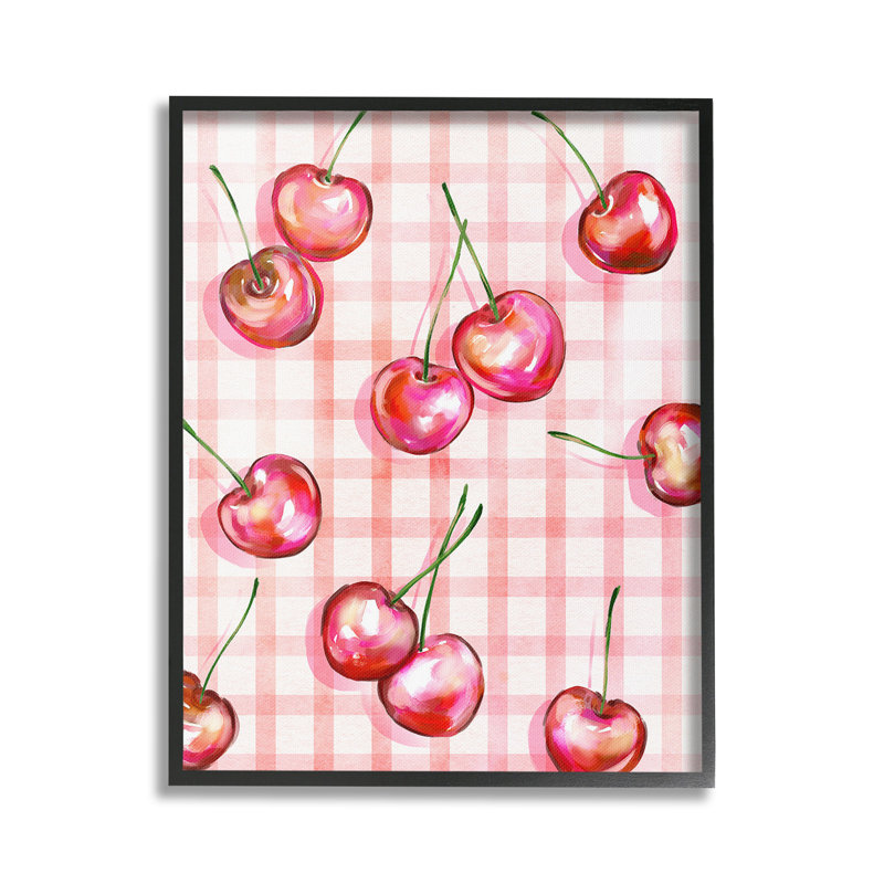 «Gingham», cerises, estampe numérique encadrée par Ziwei Li, Giclée encadrée noir minuit, H 20 po x l 16 po