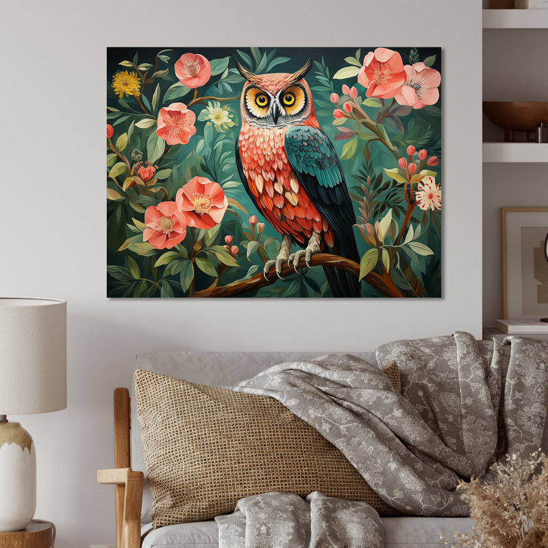 «Pink and Gren Owl In Matisse Style I», art mural animal en hibou, H 30 po x l 40 po x P 1,5 po