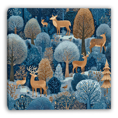 Midnight Blue Winter Deer Forest Wrapped Canvas Wall Art