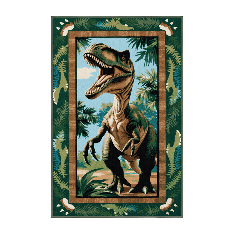 Tapis vert dinosaures lavable à la machine, Rectangle 5 pi x 7 pi