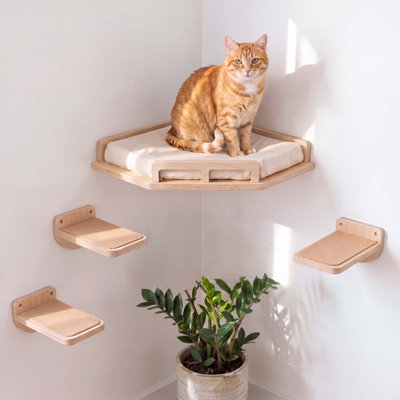 Ensemble de perchoir d'angle mural en bois naturel pour chat, étagère flottante avec coussin moelleux et 3 marches d'escalade, plateforme de repos murale surélevée pour chats d'intérieur