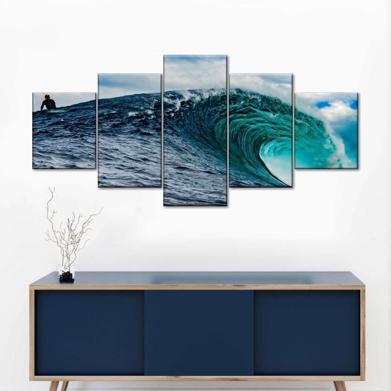 «Ocean Wave Surfing Wall Art», reproduction d'art sur toile, H 24 po x l 55 po x P 1,25 po