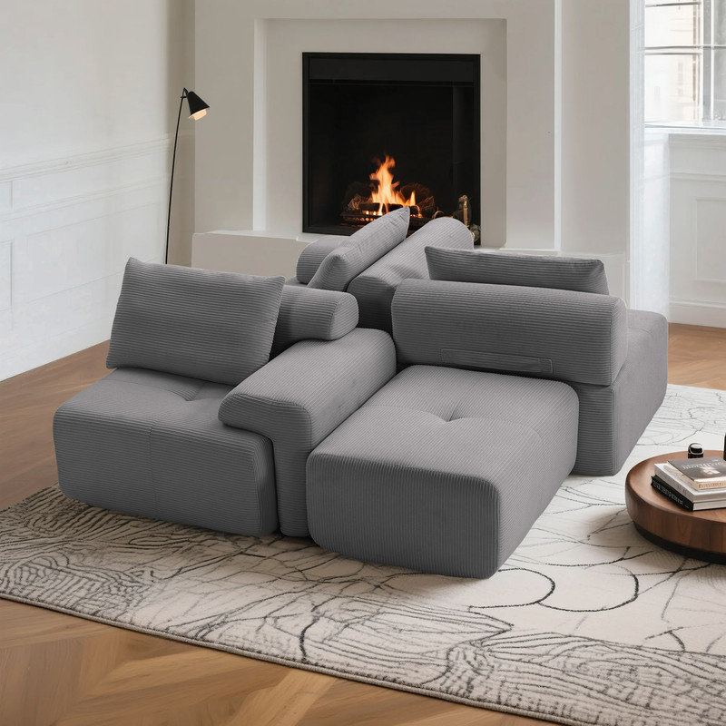 Boneless Convertible Modular L-Shaped Sectional Sofa Bed, Gray Corduroy
