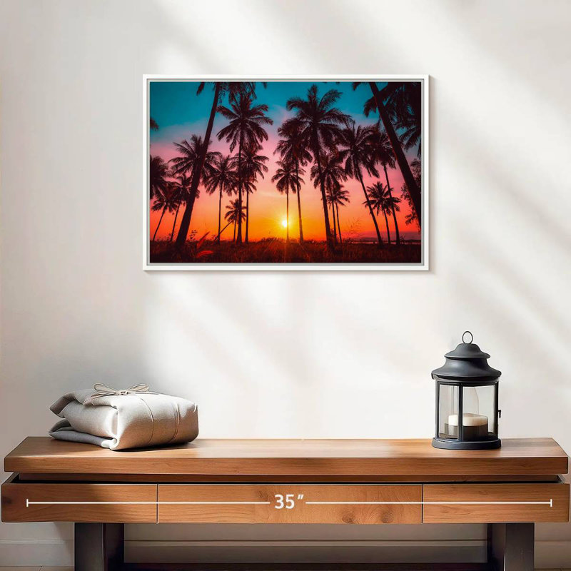 Silhouette coucher de soleil tropical, Cadre flottant blanc, 19 po x 13 po