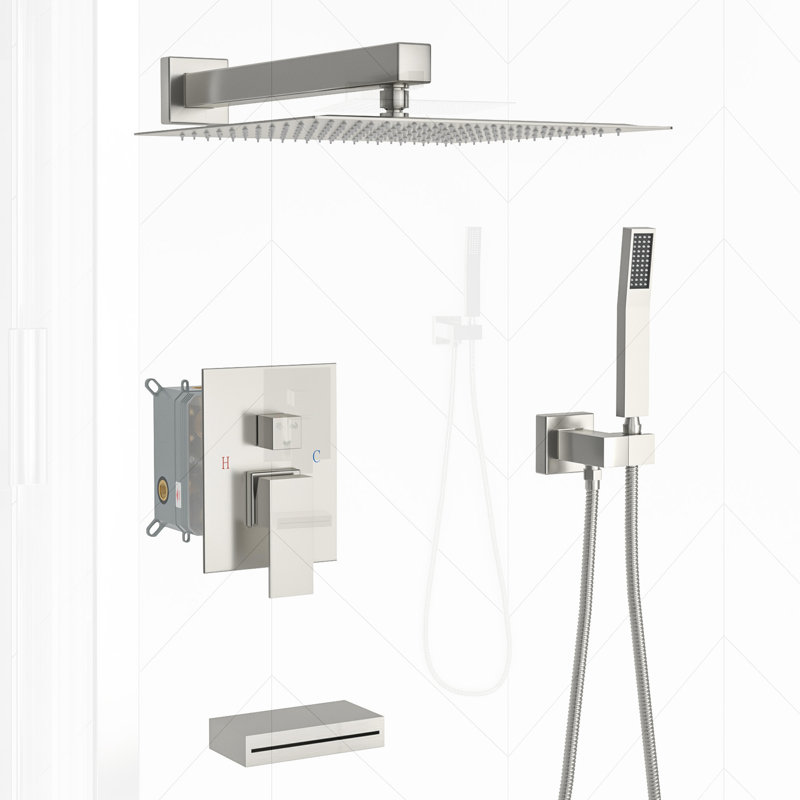Shower System With Waterfall Tub Spout,12 Inch Wall Mounted Square Shower System With Rough-In Valve, Brushed Nickel