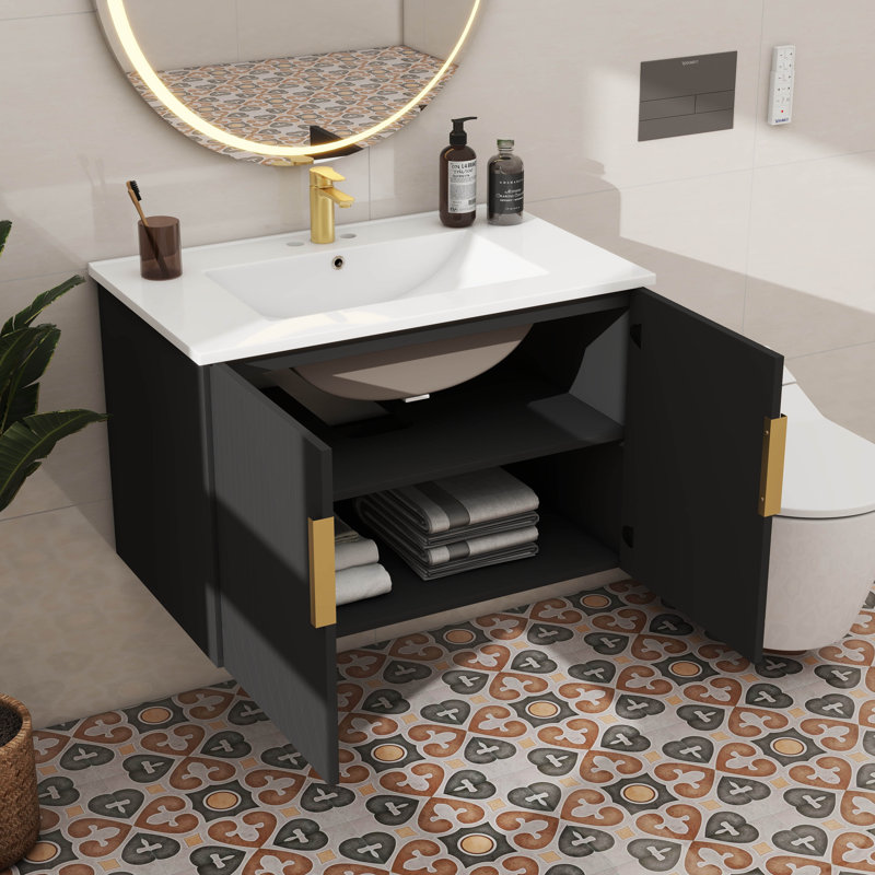 Meuble-lavabo de salle de bain 30 po avec lavabo, armoire de rangement murale cannelée avec 2 portes et une tablette réglable