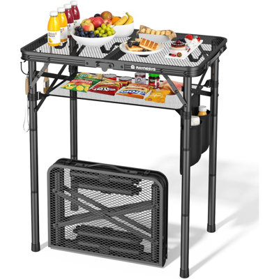 Table pliante pour l'extérieur, petite table de camping réglable en hauteur avec sac en filet, table pliante en aluminium et métal, 23,62 po x 15,75 po, support portatif pour pique-nique, camping, barbecue, plage, noir