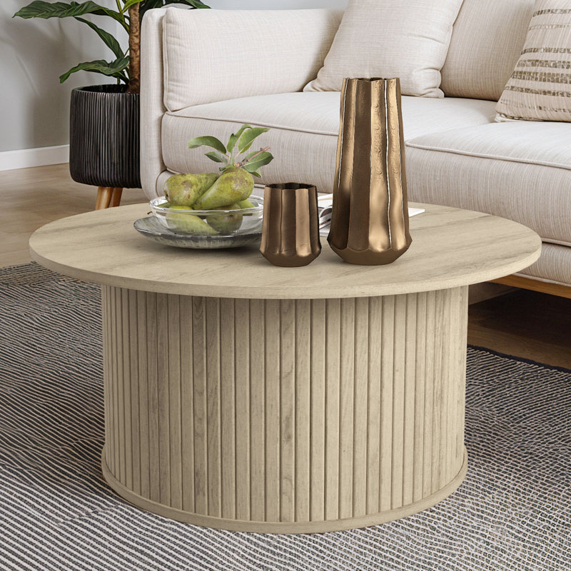 Aurel Modern 31.1" Fluted Round Living Room Coffee Table, Oslo Oak