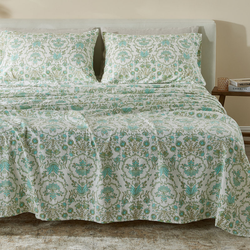 Ensemble de draps 100% coton, Ensemble de draps pour grand lit + un drap-housse, Floral géométrique - turquoise