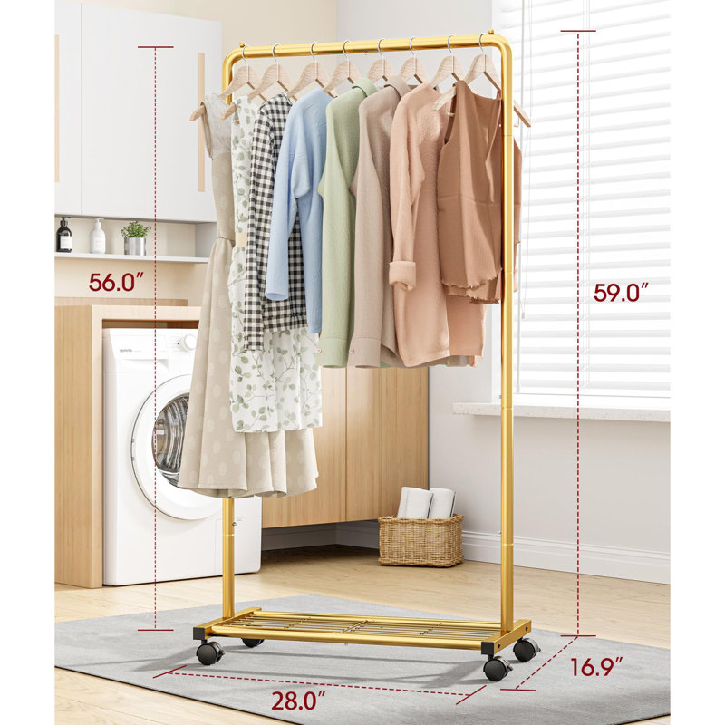 Portant à vêtements en métal avec tablette en filet et roulettes, Doré