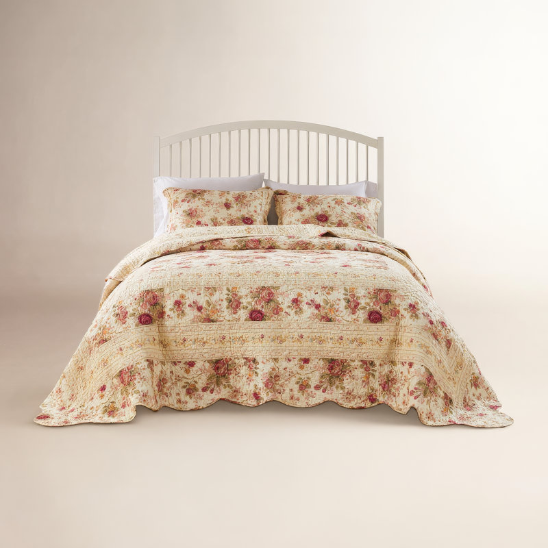 Antique Rose Cotton Reversible Quilt Set, Full/Queen Quilt + 2 Shams, Ecru