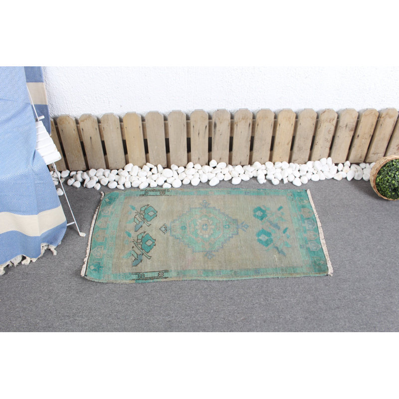Vintage Anatolian Turkish Green Rug - Small Faded Oushak Carpet Ideal for Boho Decor