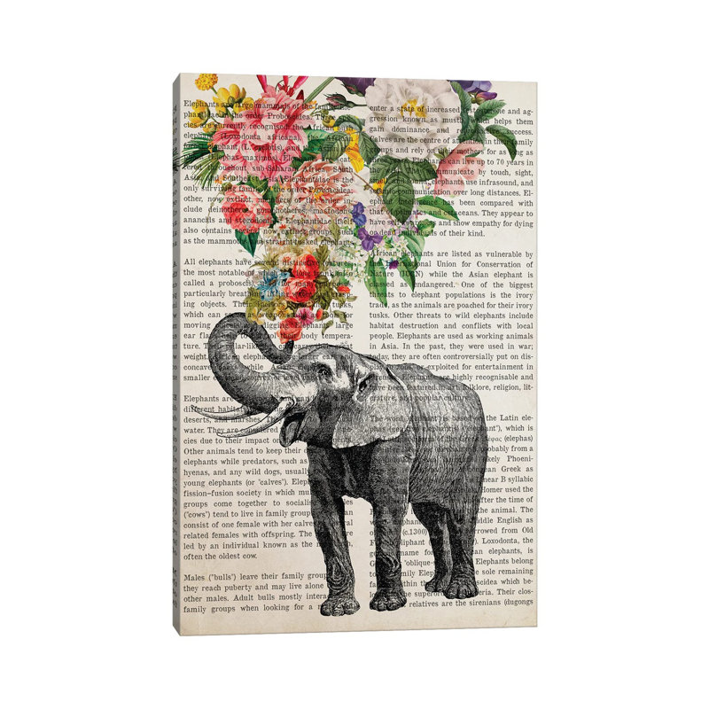 Elephant With Flowers Prints by Aged Pixel - Wrapped Canvas Print, 20.32 cm H x 30.48 cm W