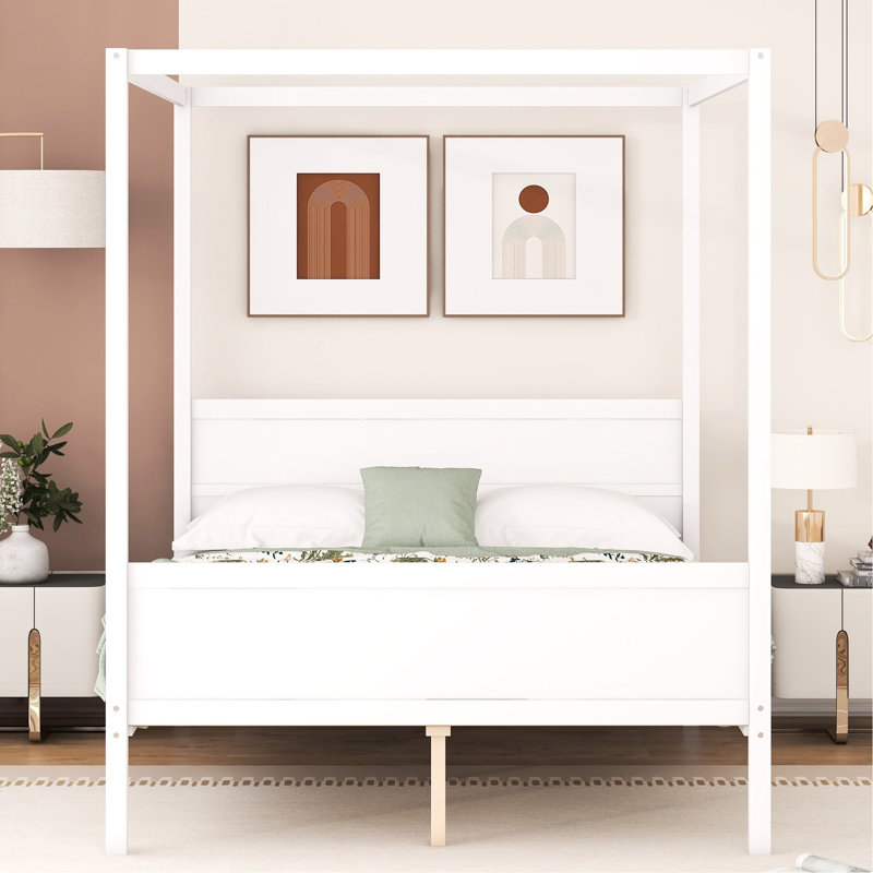 Grand lit à baldaquin, blanc. Tête de lit et fonction. Support à lattes pour une utilisation durable. Design moderne. Option de rangement. Construire. L 83,9 po x l 62,7 po x H 74,8 po. Capacité de 500 lb. Lit blanc facile à assembler