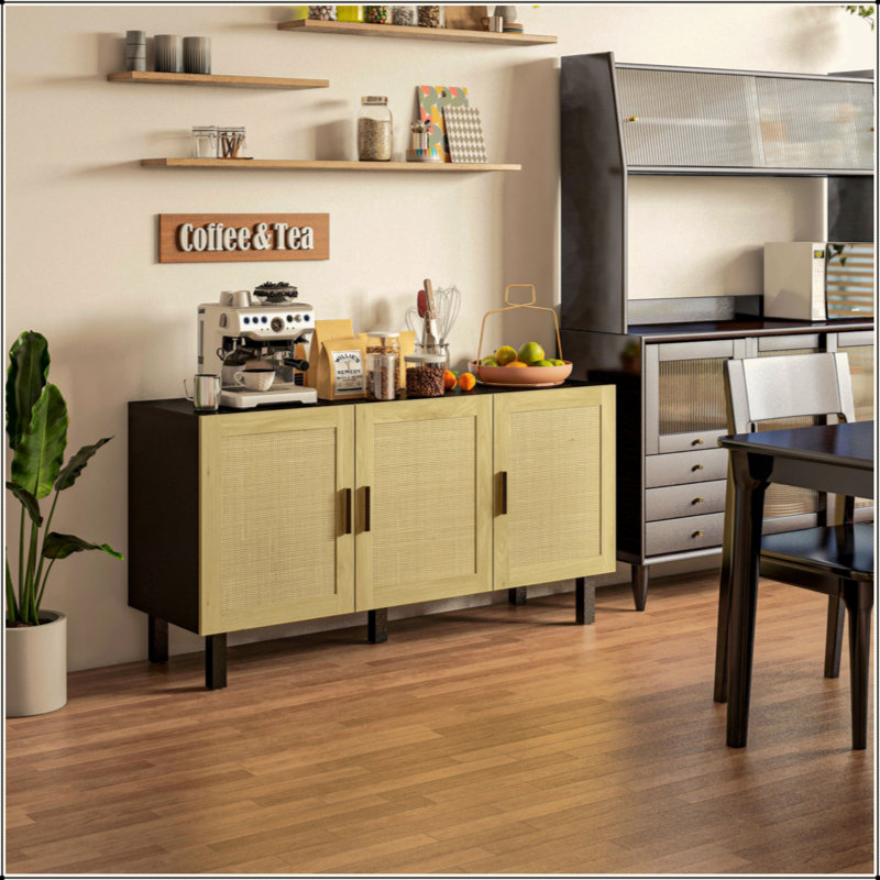Buffet, armoire de cuisine, armoire à café avec 3 portes en rotin et tablettes réglables, Noir/naturel
