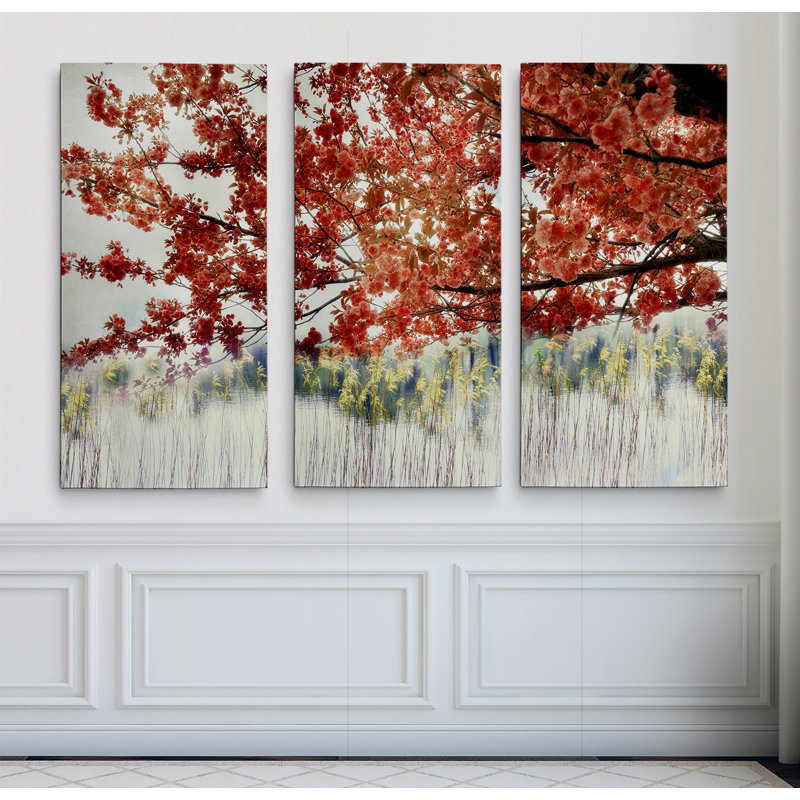 Sakura on the Lake II - 3 pièces, reproduction d'art sur toile tendue, H 40 po x l 60 po x P 1,5 po