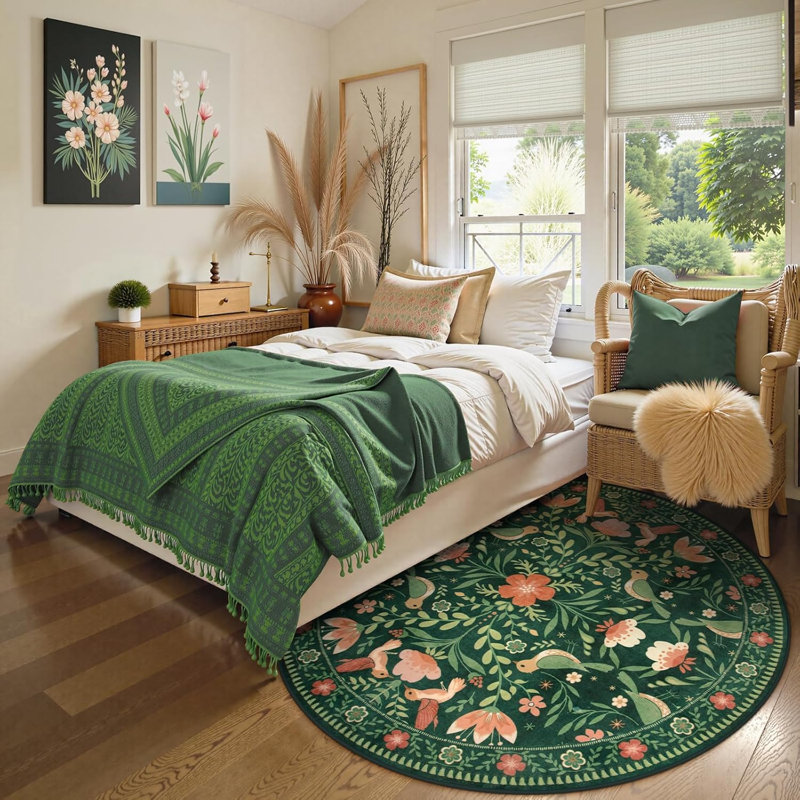 Goldene Boho Washable Botanical Dark Green Round Rugs for Living Room, Low-Pile Floral Rug with Non Slip Backing For Bedroom Dining Room