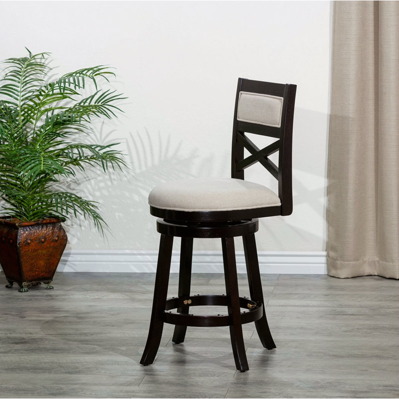 Tabouret pivotant à dossier en X de 24 po de hauteur comptoir, finition espresso, siège en tissu beige, Espresso, Beige