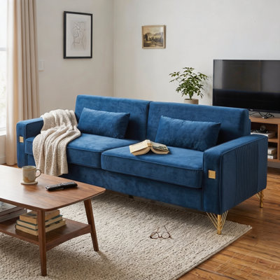 (Sofa)Luxury Velvet Sofa with Gold Accents - Modern 3-Seat Couch with Plush Cushions for Living Room and Office Decor