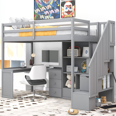 Lit mezzanine simple avec bureau en L et tiroirs, armoire et escalier de rangement, gris