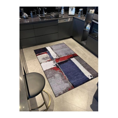 Tapis bleu tissé à motif lavable rétro