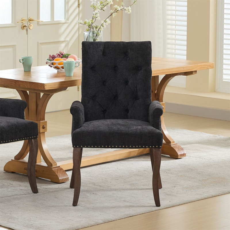 Chaise de salle à manger rembourrée en tissu de chenille, pieds courbés en bois massif, élégante chaise capitonnée de salle à manger avec accoudoirs de cuisine, paquet simple, noir, SW1895BK