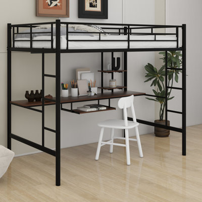 Full Size Black Loft Bed With Desk And Shelf , Space Saving Design
