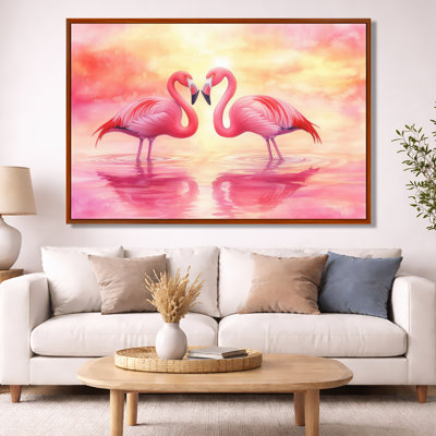 Art mural flamant rose, toile d'oiseaux côtiers, reflets flamants roses
