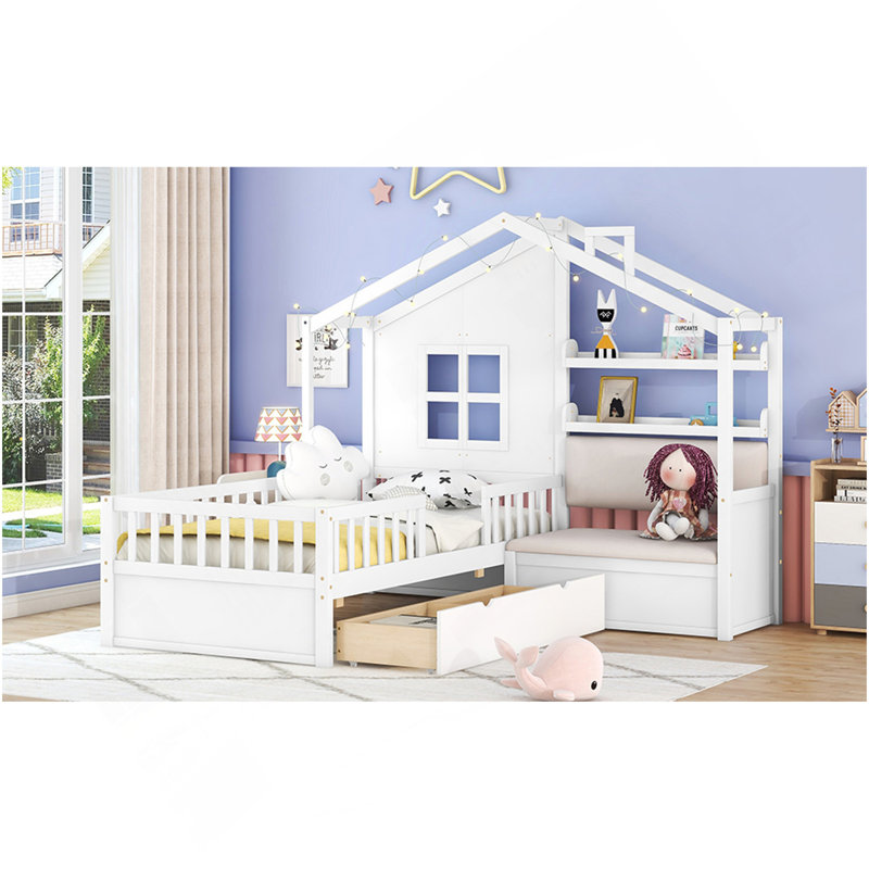 Lit simple avec canapé, lit plateforme pour enfants avec deux tiroirs et tablette de rangement, blanc, Blanc