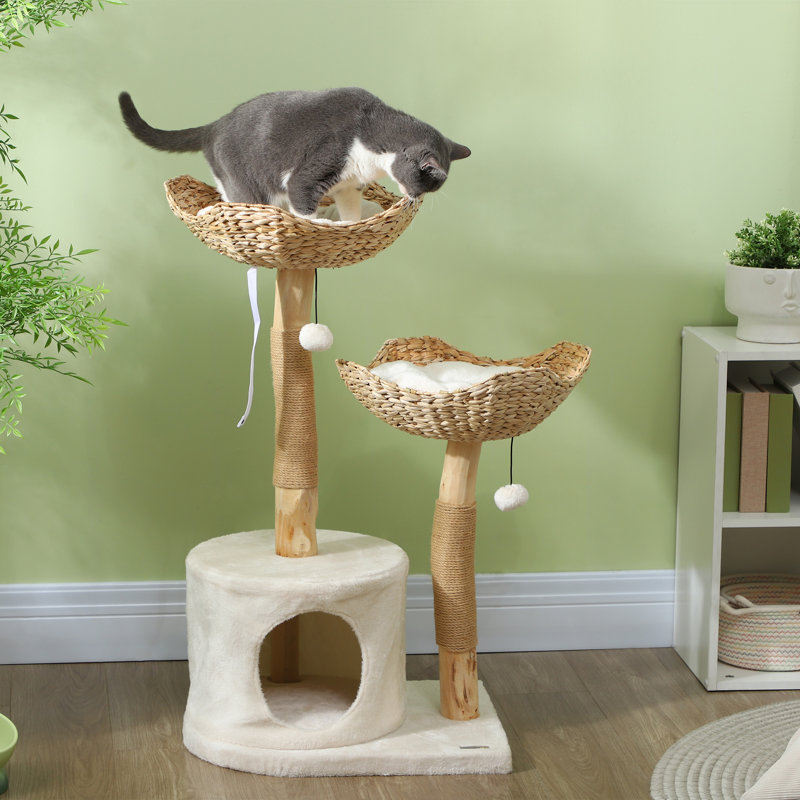 Arbre à chat moderne de 37 pouces avec poteaux à griffer en bois, condo, lits, coussins, boules de jouets et ensemble anti-basculement