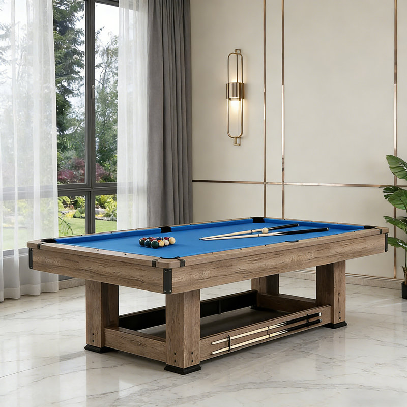 Table de billard 100% noire style industriel 100,39 ", tissu bleu, surface en marbre, finition grain de bois, rangement pour queues de billard