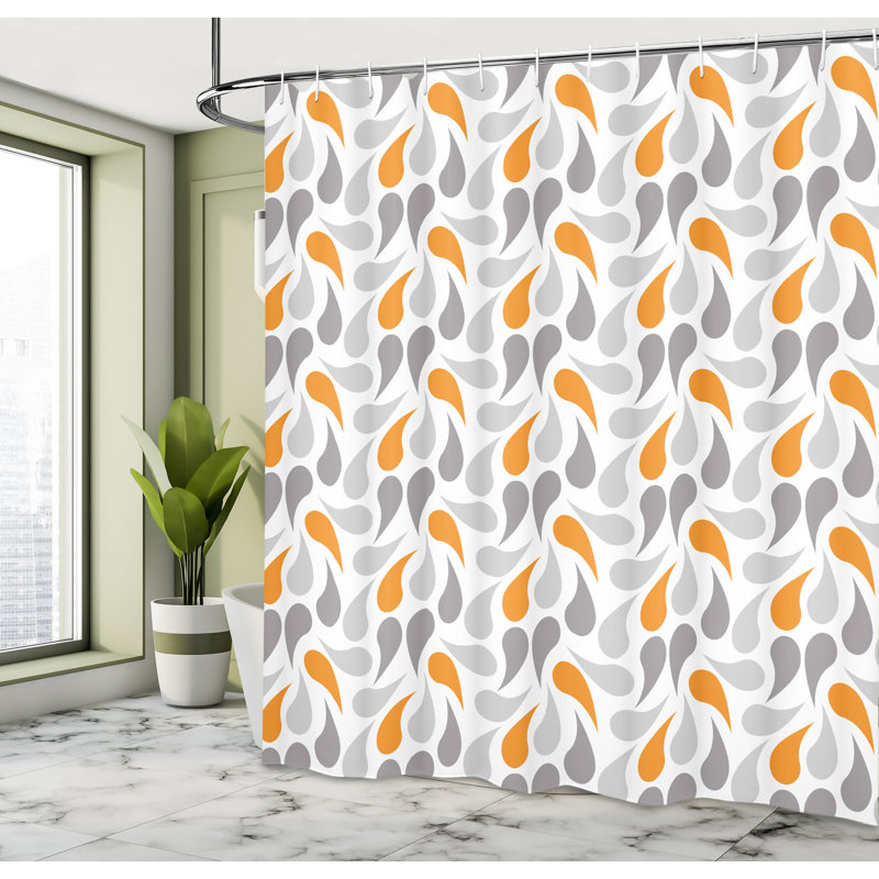 Orange Grey White Geometric Fabric Shower Curtain with Hooks