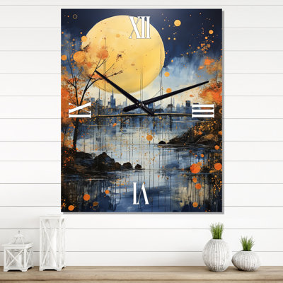 Yellow Bridge Abstracted Riverine Pointillism I - Cityscapes Wall Clock