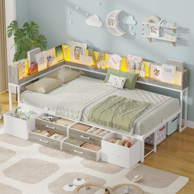 Daybed with 6 Drawers LED Corner Bed with Bookcase & Charging Station Metal Platform Bed Frame for Bedroom, Guest Room by Ivy Bronx