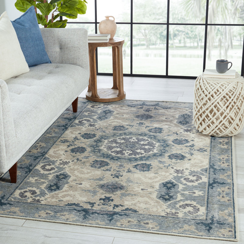 Tapis oriental en laine noué à la main taupe / gris / bleu Kamren, Rectangle 6 pi x 9 pi