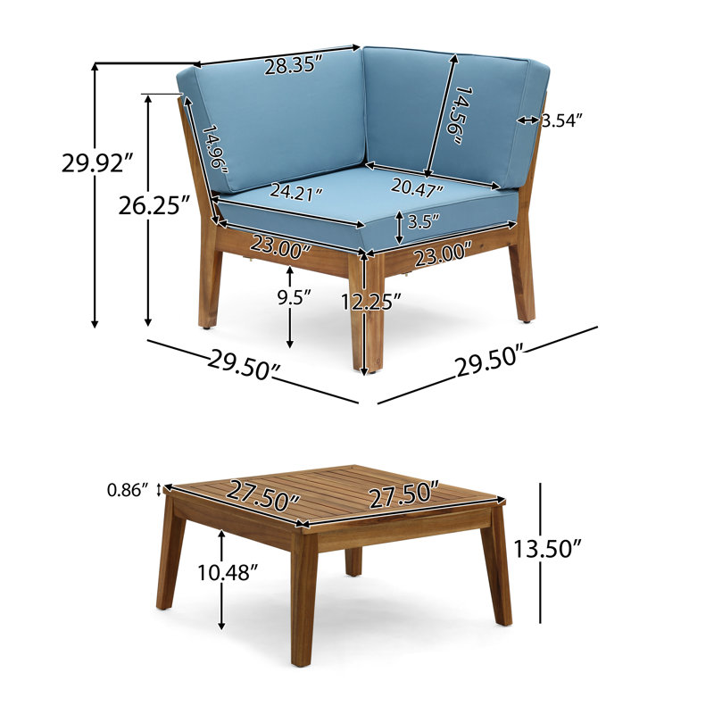 Solvara 10-Piece Modern Rustic Acacia Wood Outdoor Sectional Set With Coffee Table, Blue