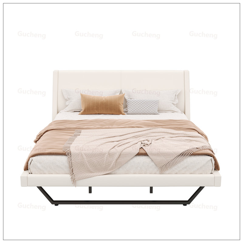 Lit plateforme en similicuir avec design élégant et lattes silencieuses pour un sommeil confortable, Très grand lit, Blanc