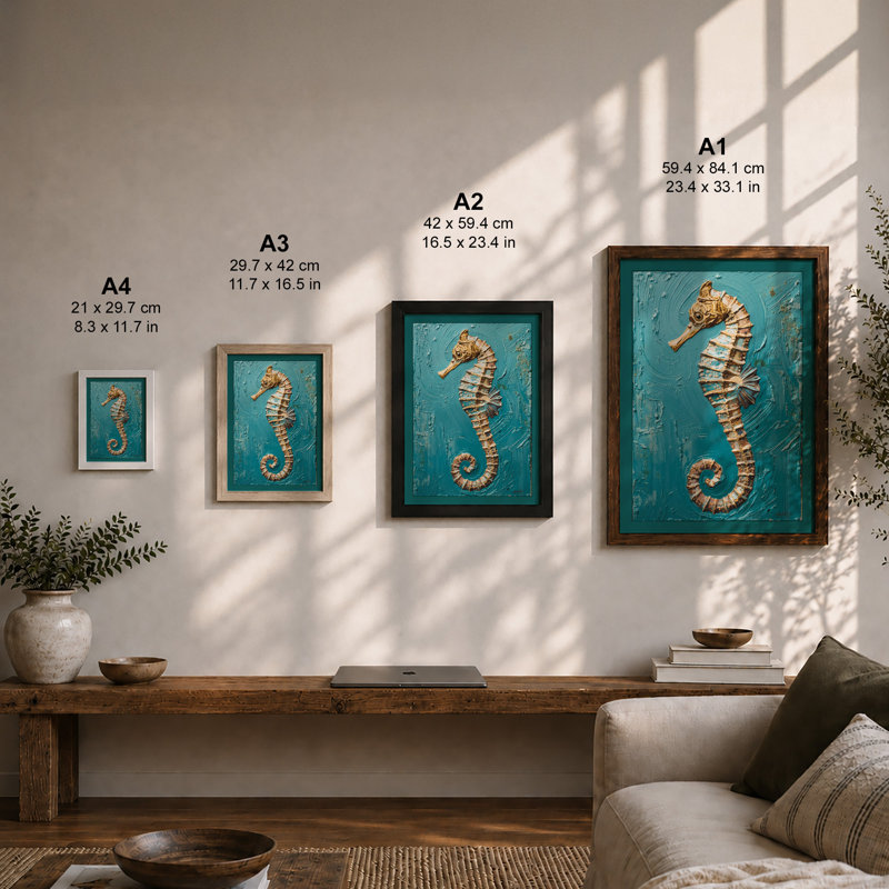 Seahorse on Weathered Blue Coastal - Framed Print, A4 - 29.7 x 21.0 cm, Black