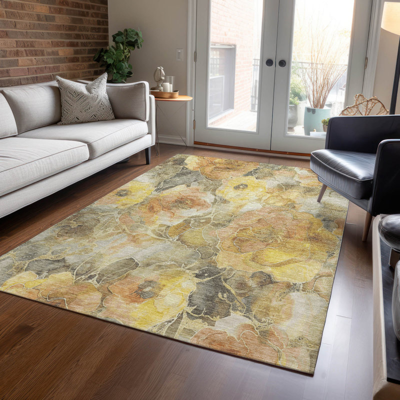 Tapis intérieur / extérieur doré lavable à la machine Xhevrie, Rectangulaire 8 pi x 10 pi