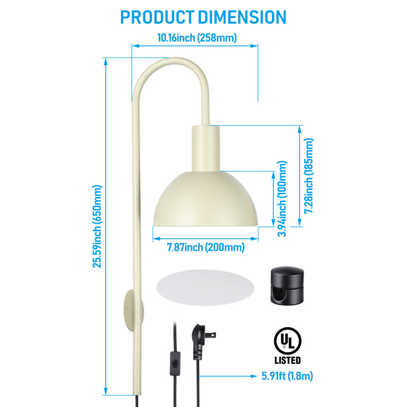 Plug-in Wall Sconce, Metal Indoor Wall Lamp, E26 Base, Max 20W LED, Bulb Not Included, Green