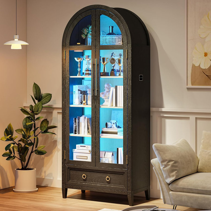 Book Shelf With LED Lights, Arched Display Case With Storage Cabinet, Smart Pantry Cabinet With Glass Door, Bookcase, Toy Organizer With Solid Wood Legs For Livng Room/Bedroom Furnniture-Black