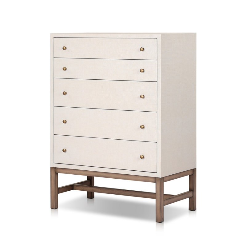 Fiona 5 - Drawer Solid Wood Dresser, Ivory Painted Raffia