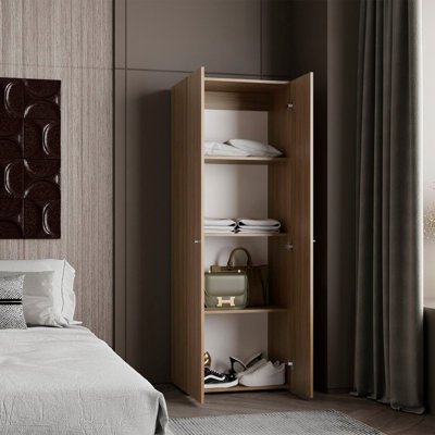 Système de garde-robe autoportant à 2 portes en chêne naturel avec quatre tablettes fixes pour le rangement à la maison