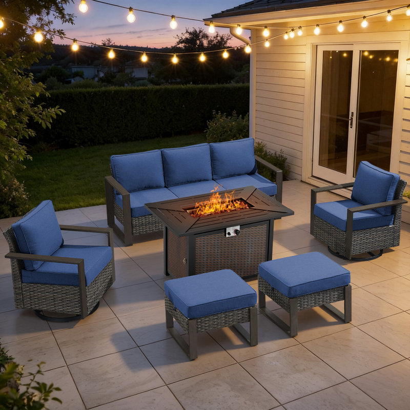 Drazen 7 - Person Patio Furniture Set With Fire Pit Table, All-Weather Wicker Outdoor Conversation Set With Chair And Thick Cushions