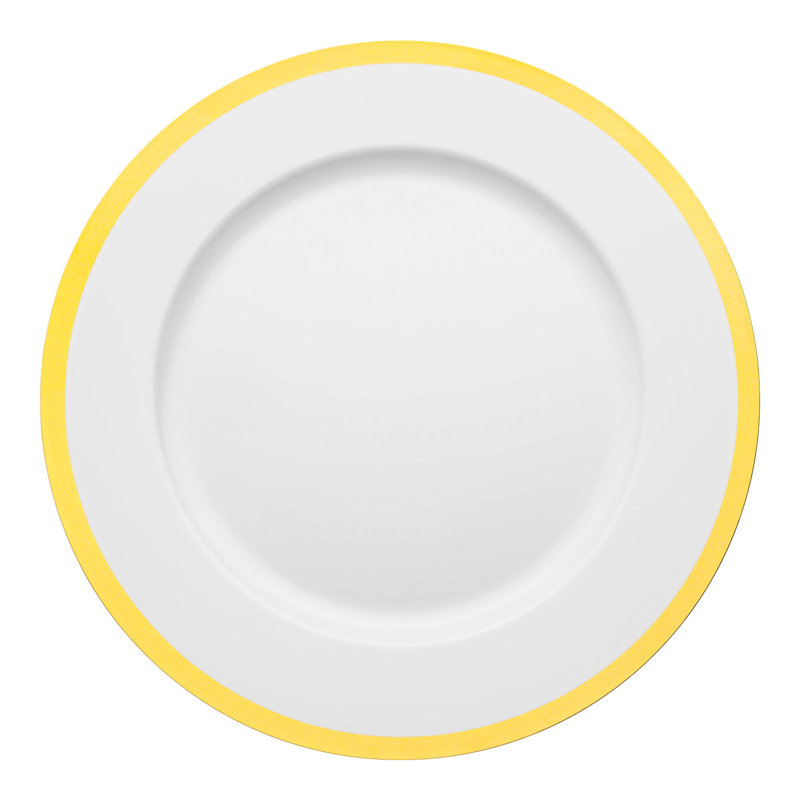 Assiettes de présentation rondes jetables en plastique blanc à bordure dorée (13 pouces) - 60 assiettes